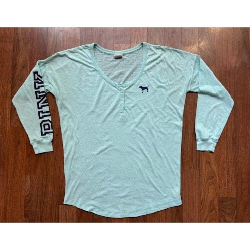 Victoria's Secret Love Pink Henley Sleep Shirt Long‎ Sleeve Small Blue Green